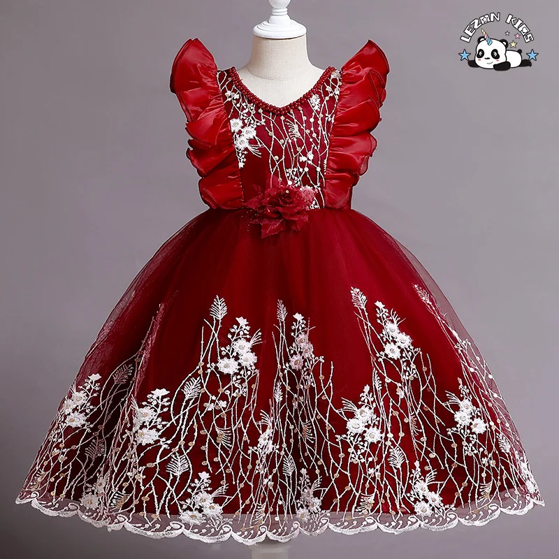 LEZONKIDS - Vestido de renda floral sem mangas personalizável e quente para meninas, ODM, para crianças, festa, para 2-14 anos, com decoração de laço